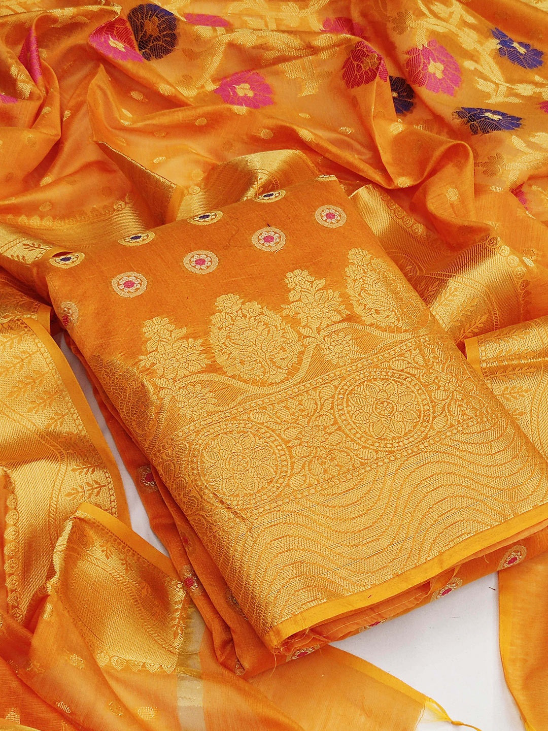 

MANVAA Ethnic Motifs Woven Design Unstitched Dress Material, Orange