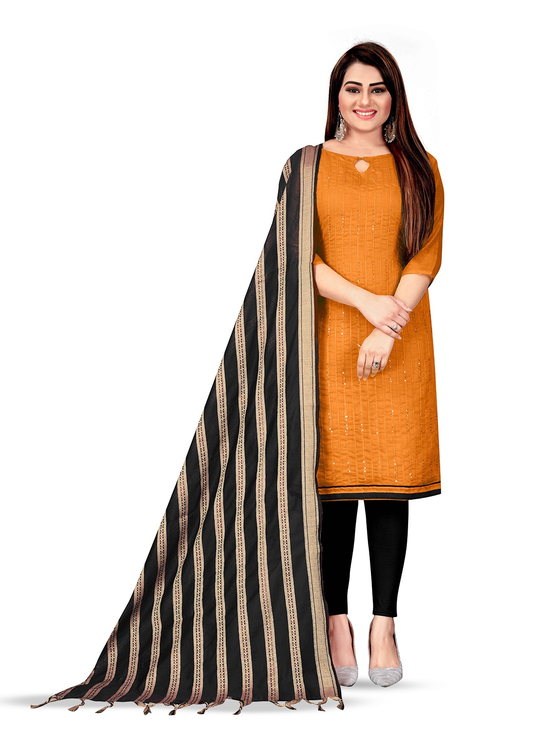 

MANVAA Striped Embroidered Sequinned Unstitched Dress Material, Orange