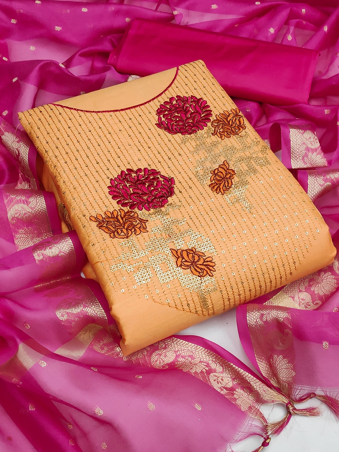 

MANVAA Beige Embroidered Unstitched Dress Material