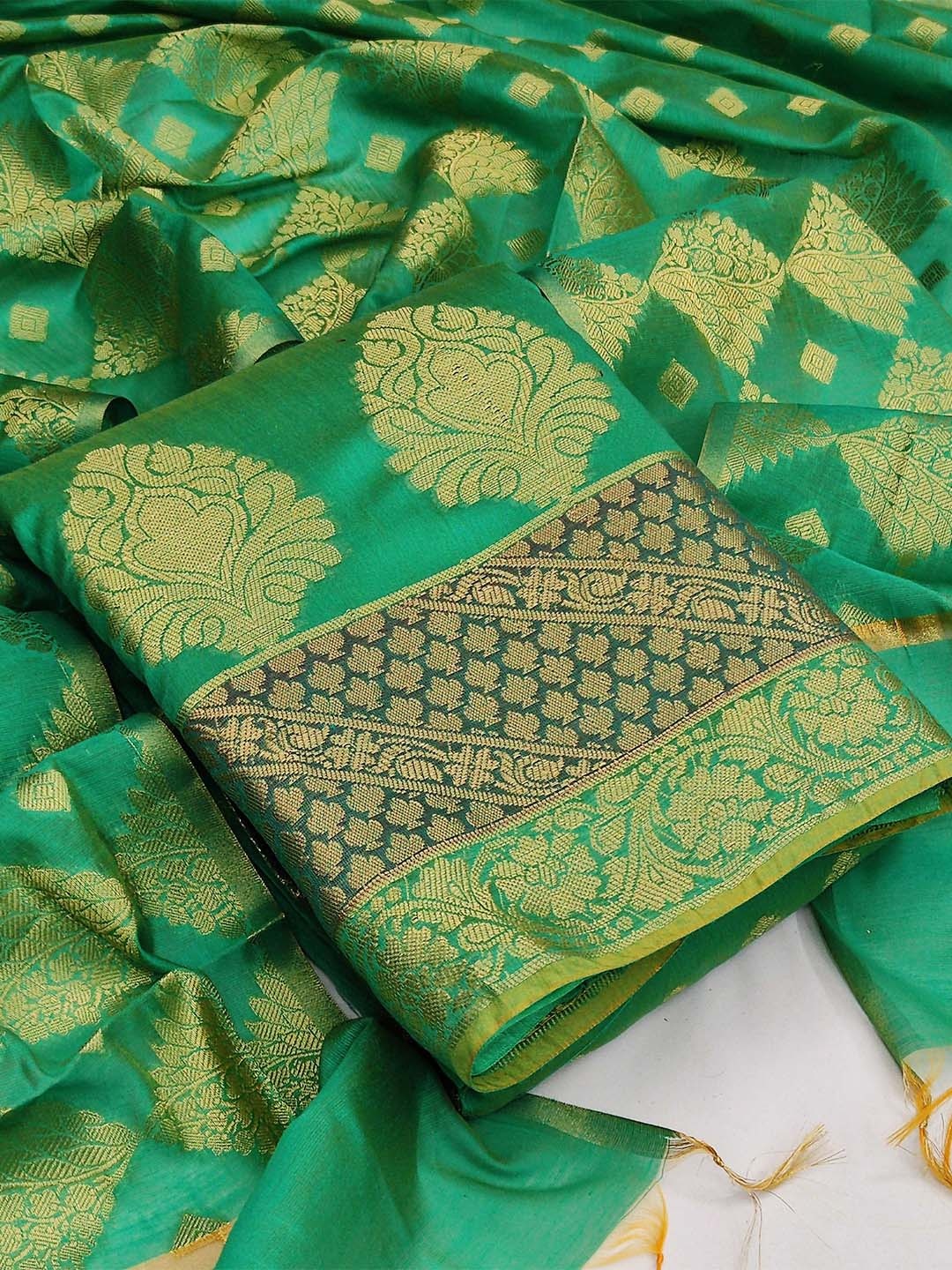 

MANVAA Ethnic Motifs Woven Design Unstitched Dress Material, Green