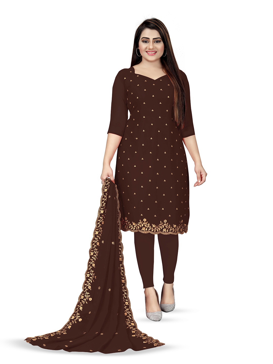 

MANVAA Ethnic Motifs Embroidered Unstitched Dress Material, Brown