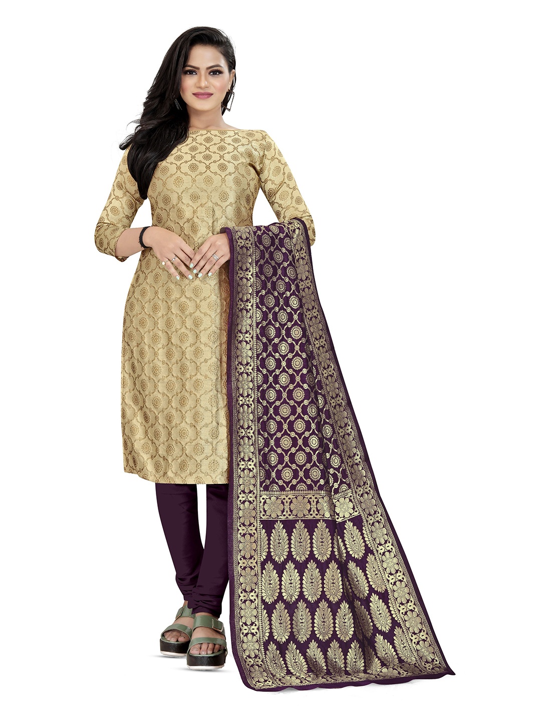 

MANVAA Ethnic Motifs Woven Design Unstitched Dress Material, Beige