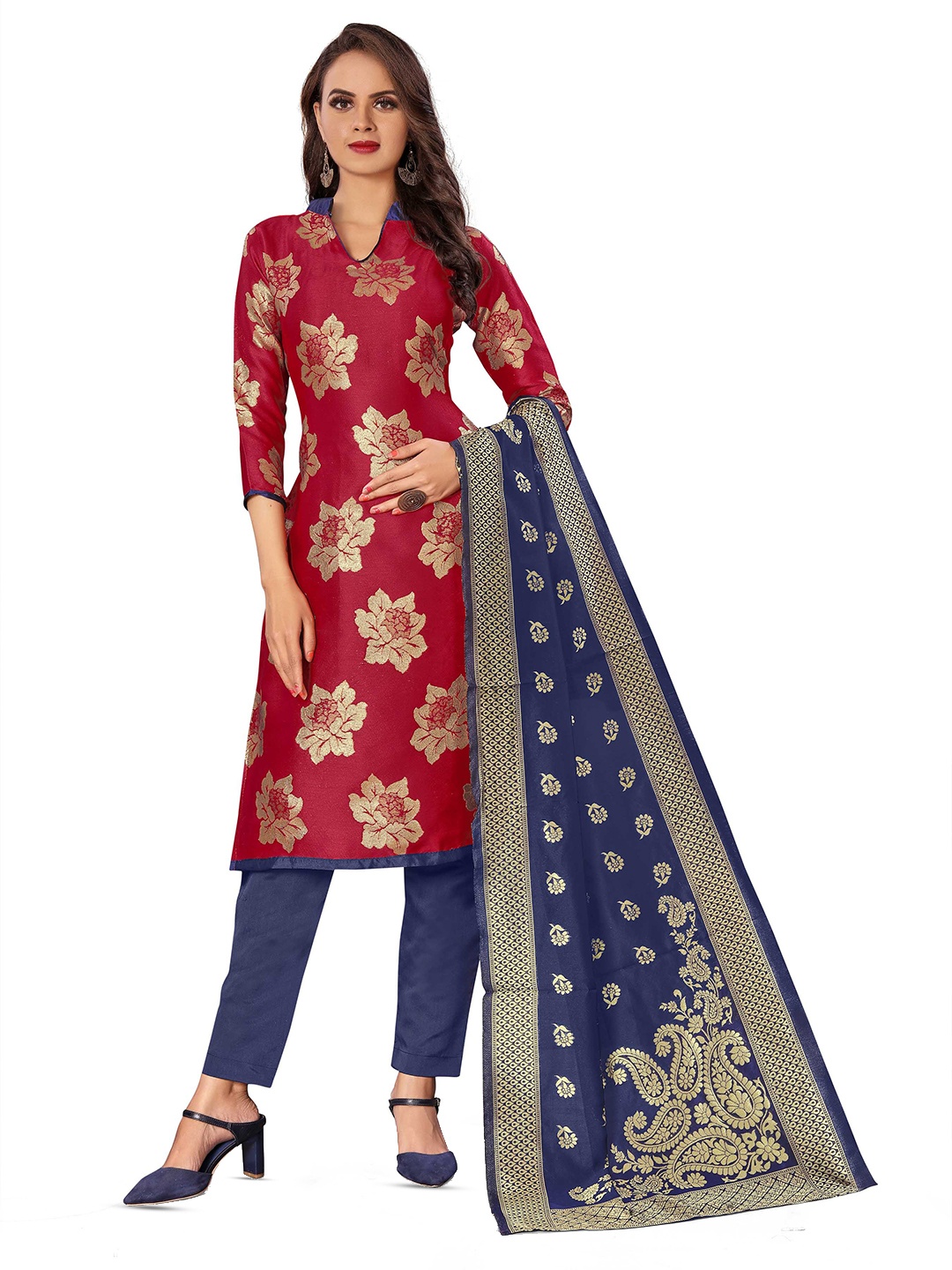 

MANVAA Floral Woven Design Unstitched Dress Material, Red