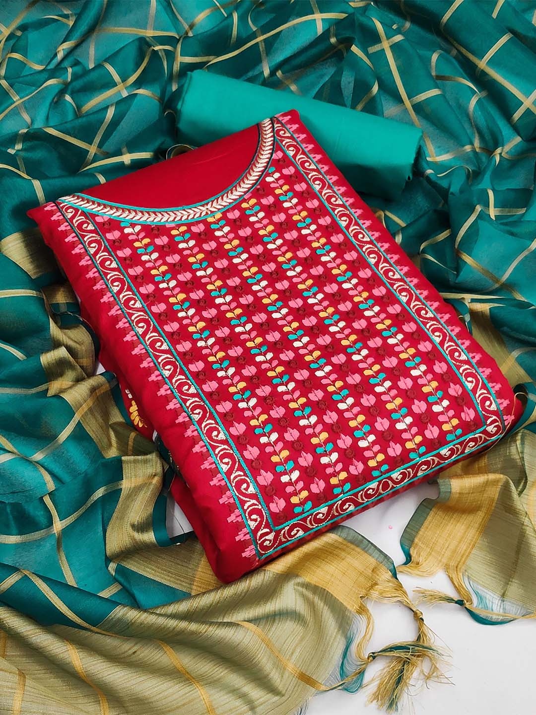 

MANVAA Floral Embroidered Unstitched Dress Material, Red
