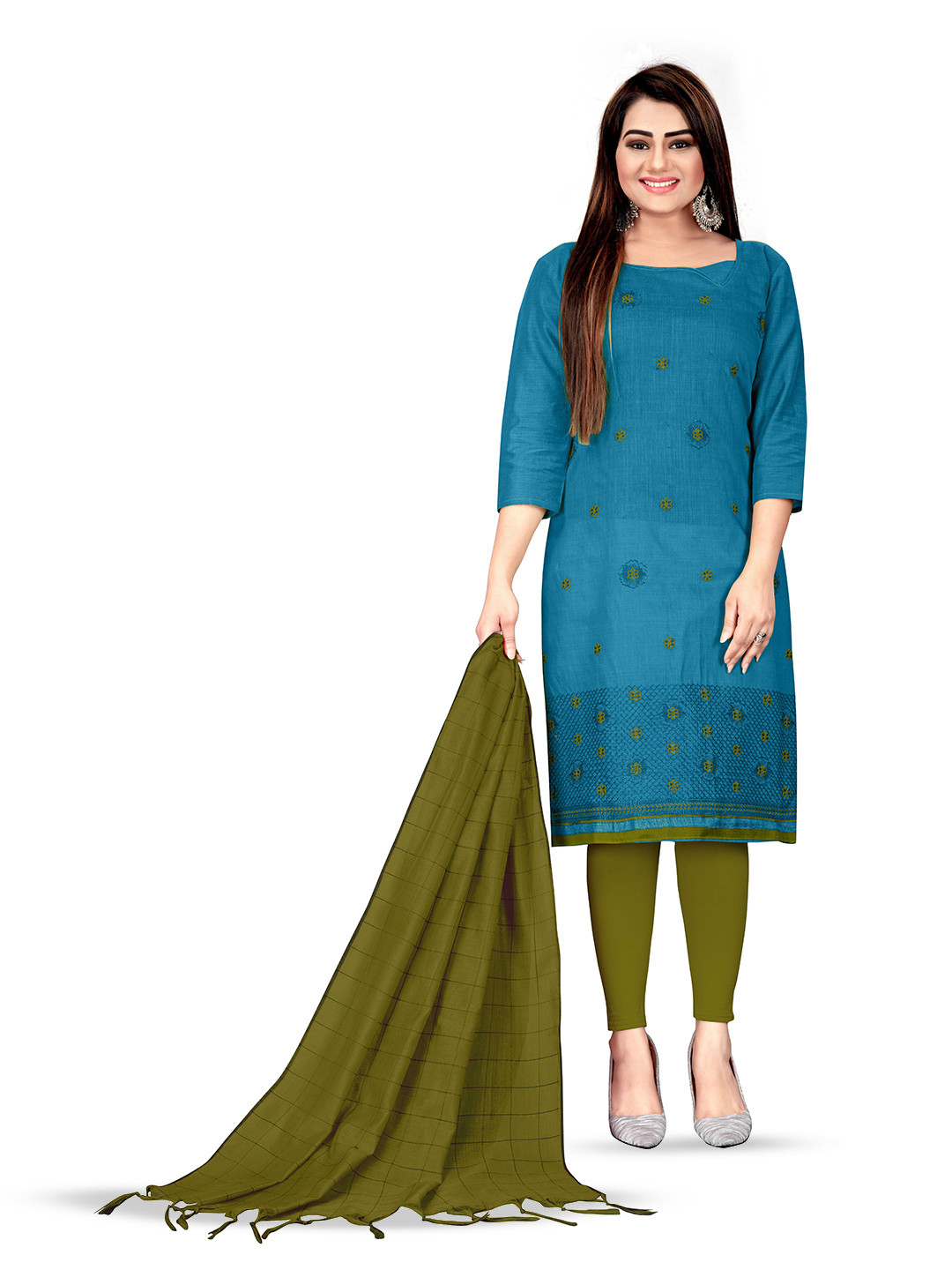 

MANVAA Floral Embroidered Unstitched Dress Material, Blue