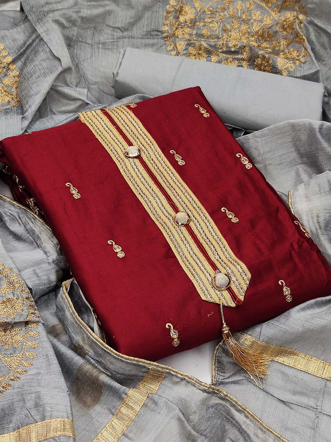 

MANVAA Ethnic Motifs Embroidered Unstitched Dress Material, Maroon