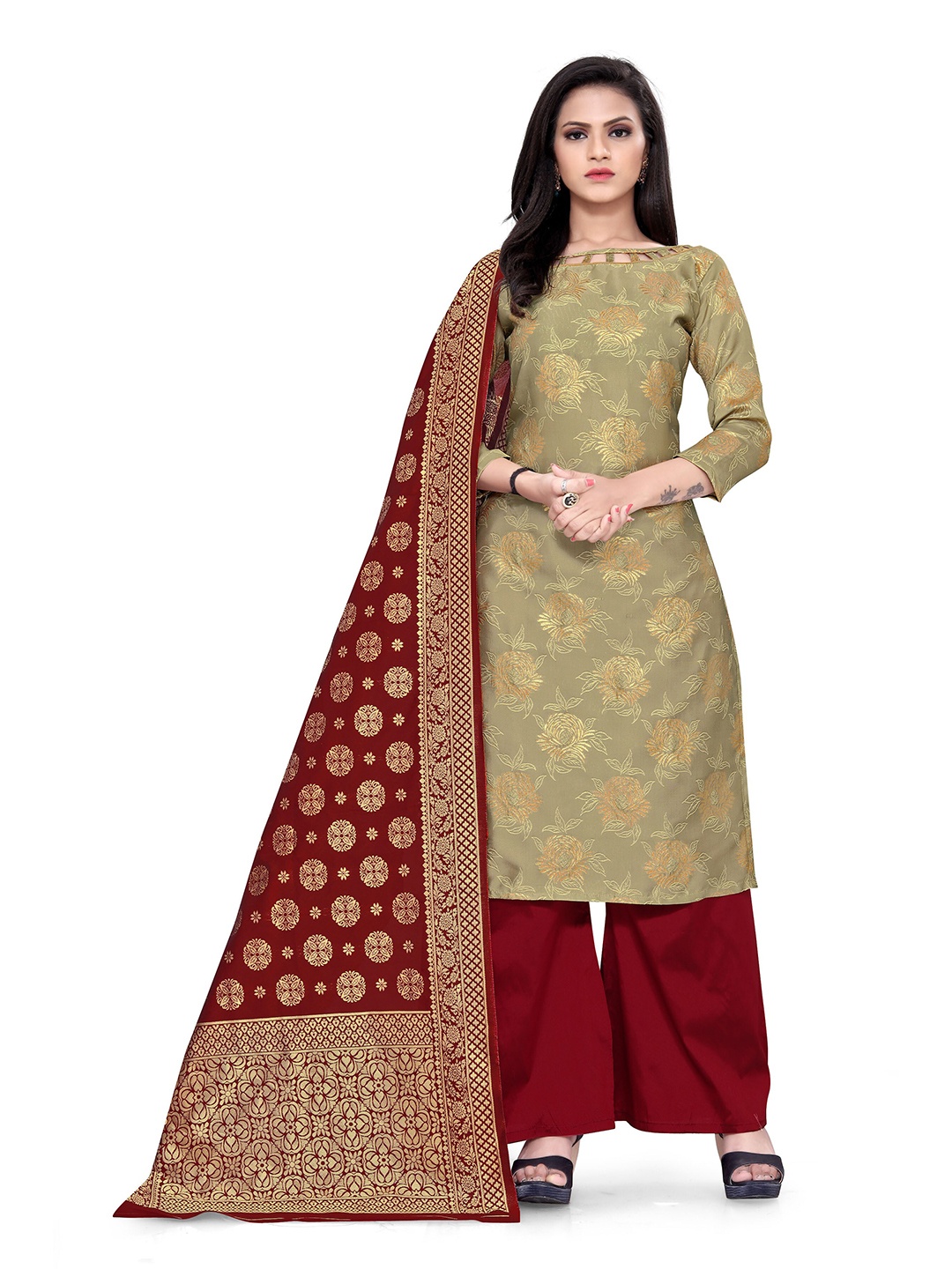 

MANVAA Floral Woven Design Zari Unstitched Dress Material, Beige