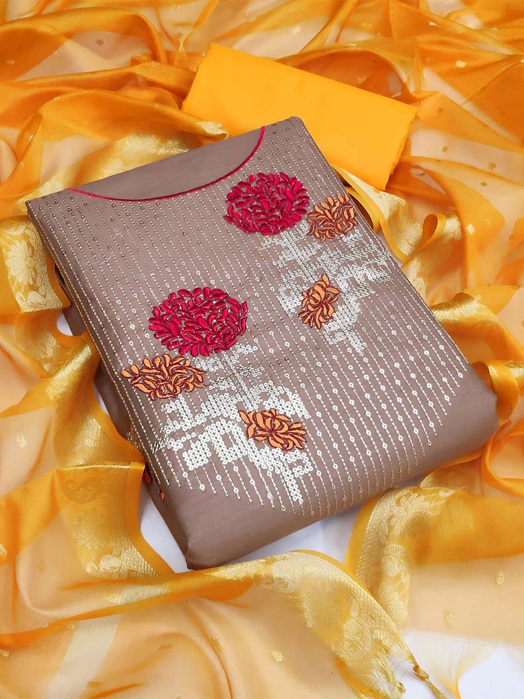 

MANVAA Floral Embroidered Sequinned Unstitched Dress Material, Brown