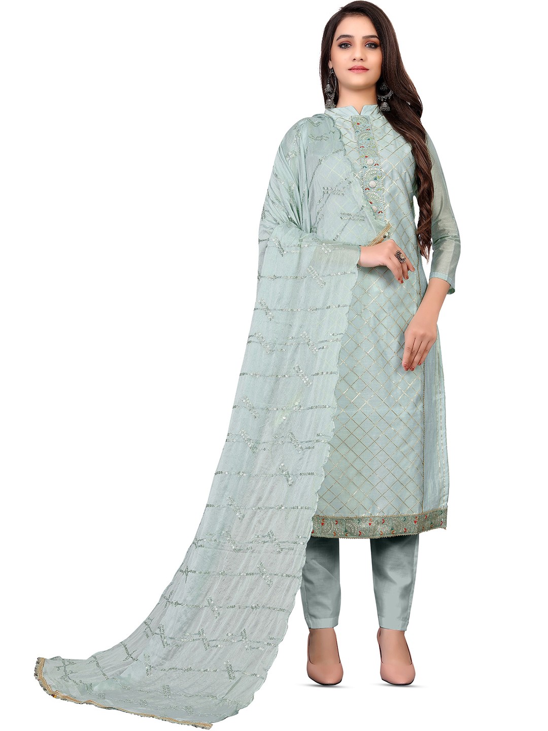 

MANVAA Checked Embroidered Unstitched Dress Material, Grey