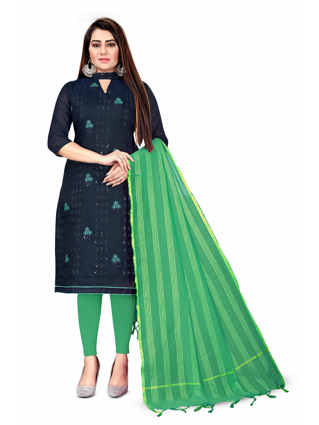 

MANVAA Floral Embroidered Sequinned Unstitched Dress Material, Navy blue