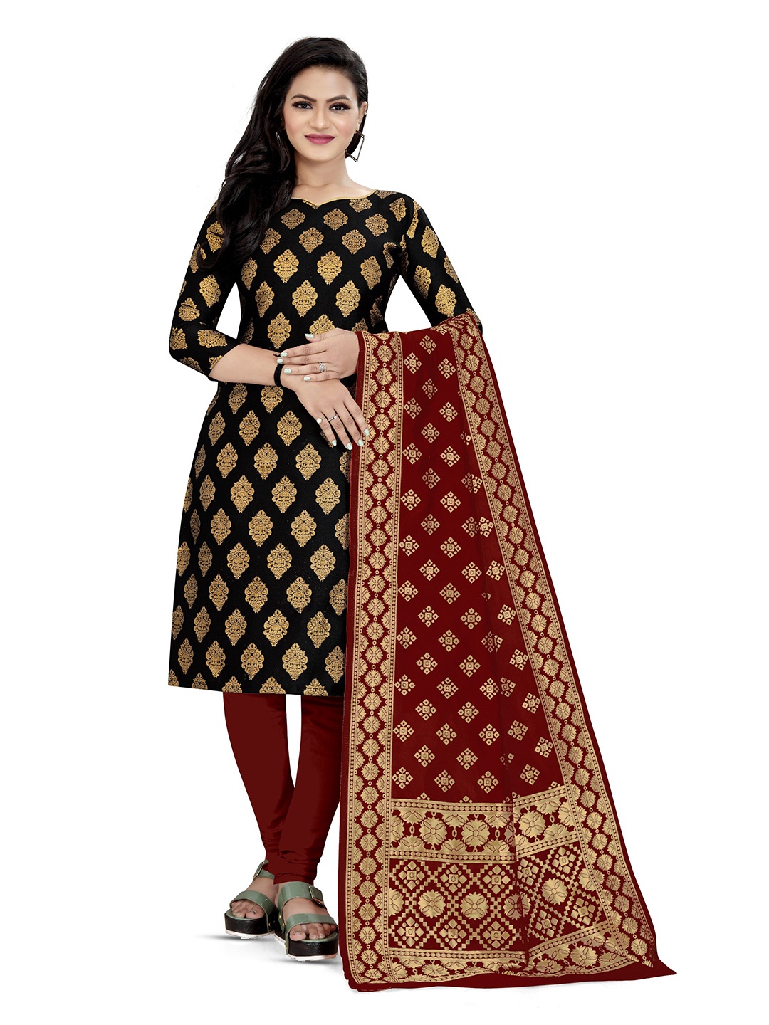 

MANVAA Ethnic Motif Woven Design Unstitched Dress Material, Black