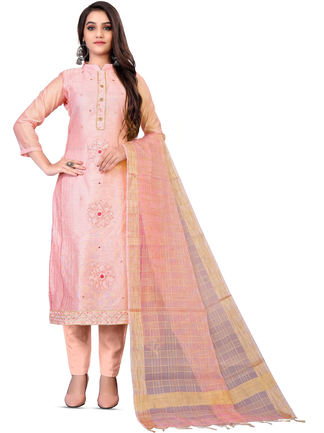 

MANVAA Floral Embroidered Unstitched Dress Material, Peach