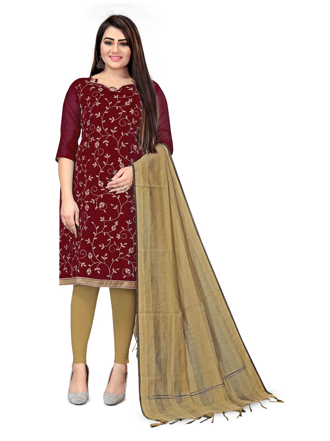 

MANVAA Floral Embroidered Unstitched Dress Material, Maroon