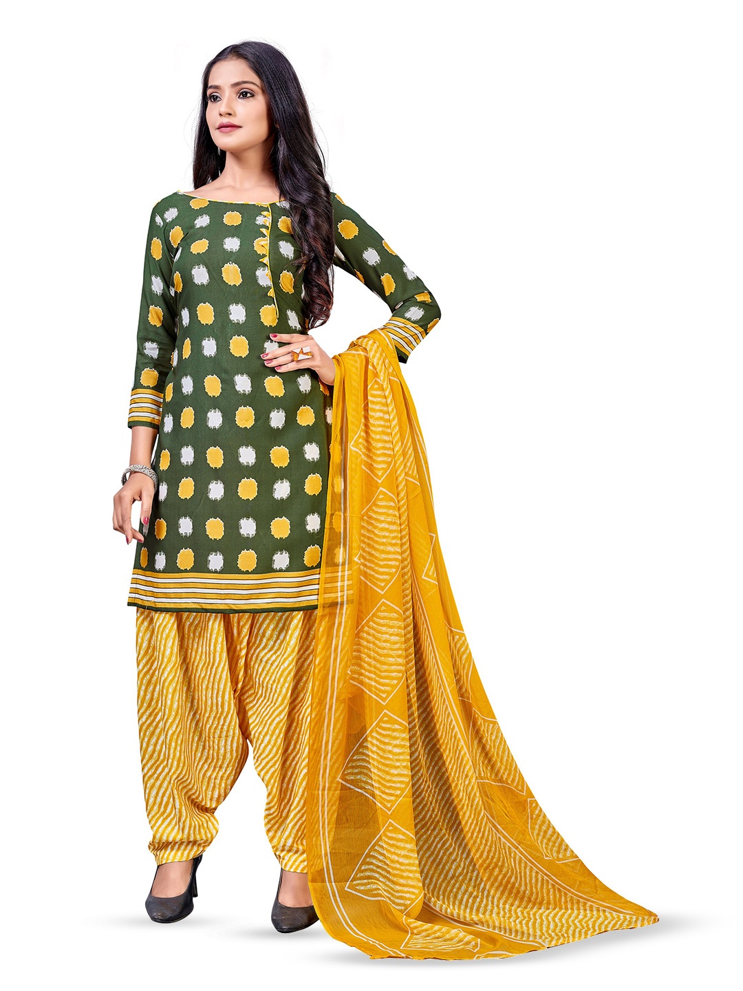 

MANVAA Abstract Printed Silk Crepe Unstitched Dress Material, Green