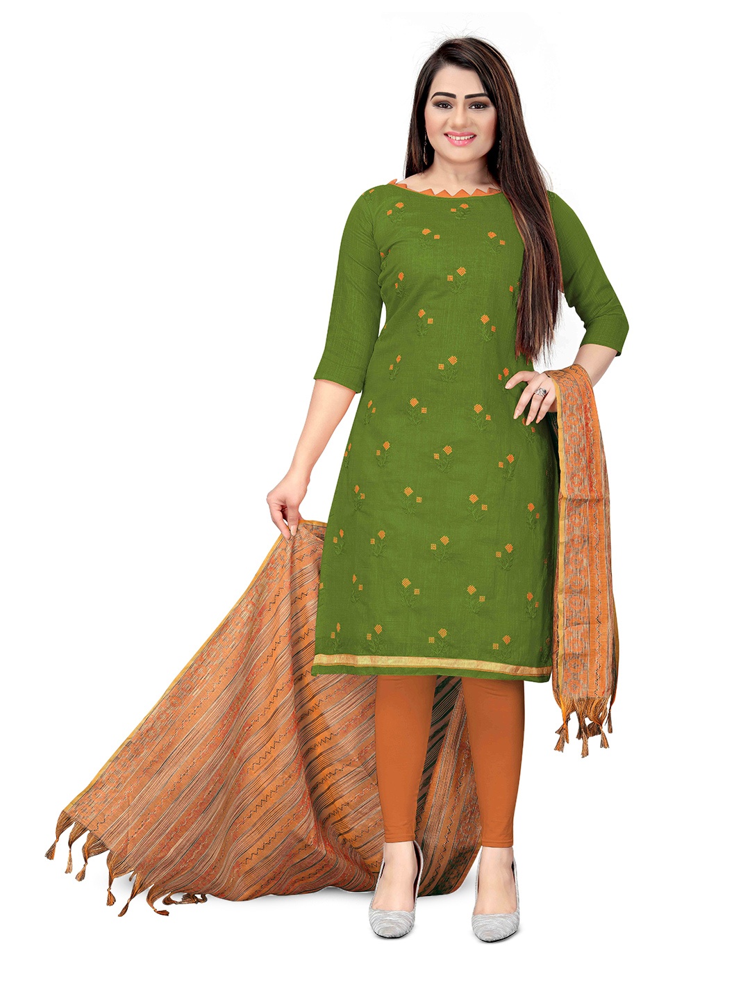 

MANVAA Floral Embroidered Unstitched Dress Material, Green