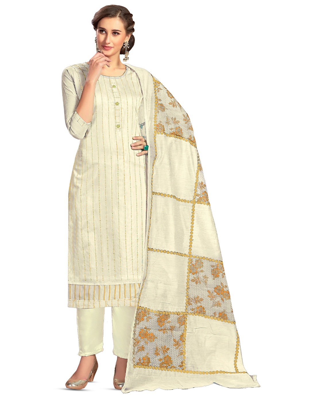 

MANVAA Striped Beads & Stones Unstitched Dress Material, Beige