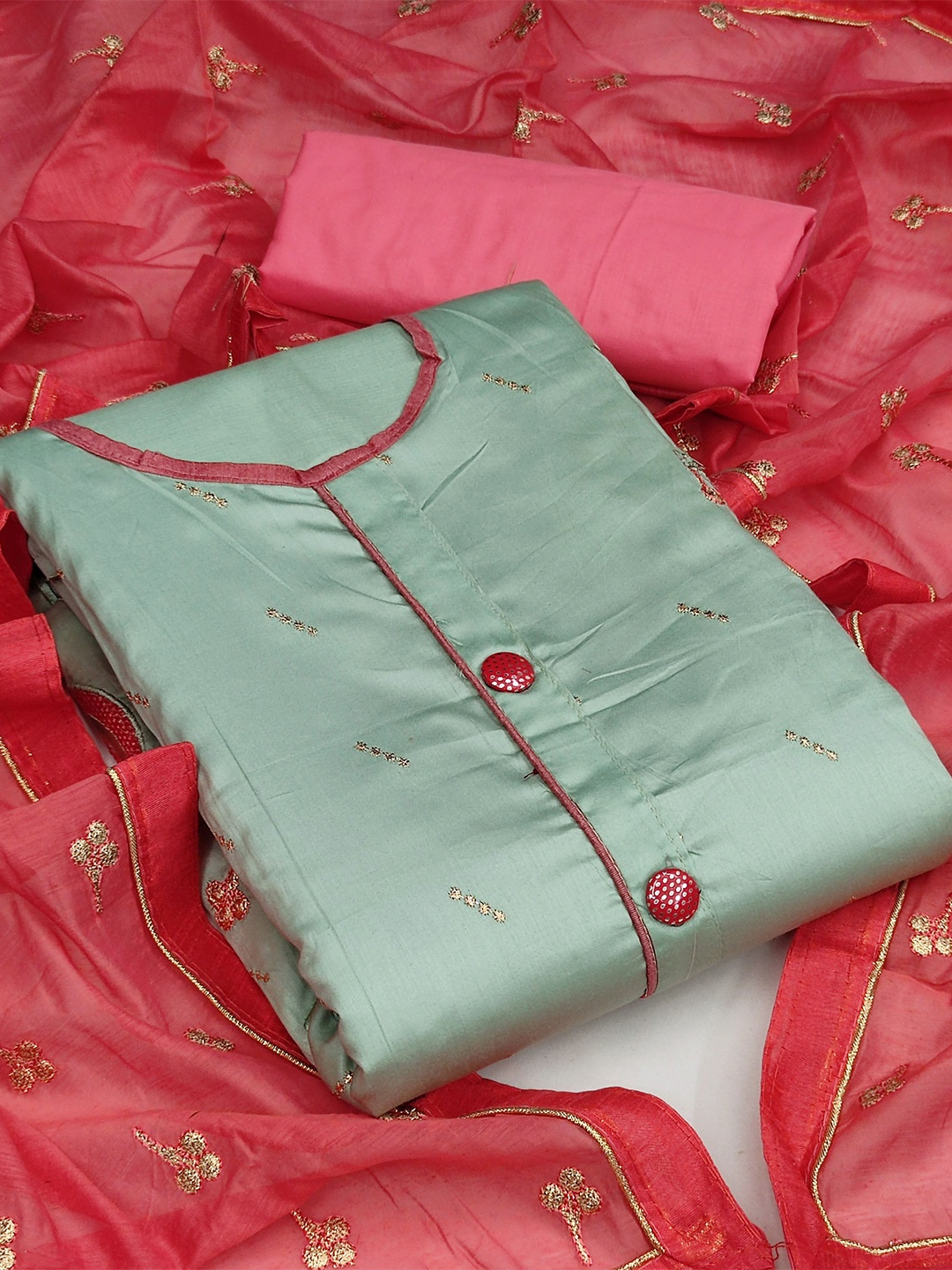 

MANVAA Floral Embroidered Unstitched Dress Material, Olive