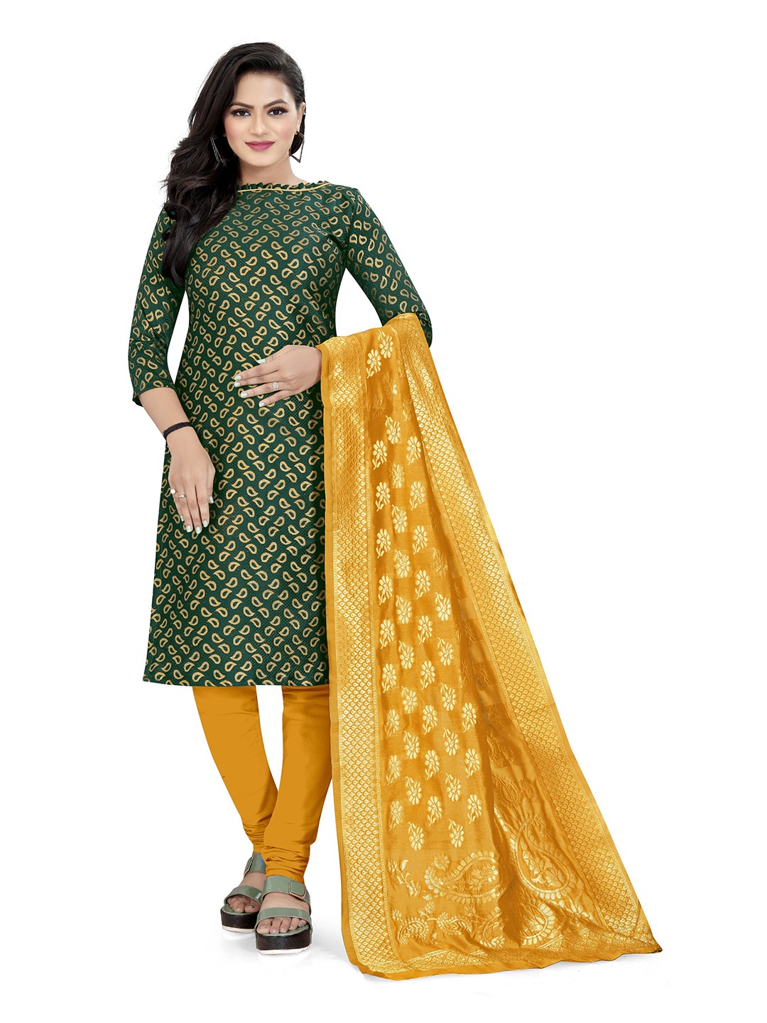 

MANVAA Paisley Woven Design Zari Unstitched Dress Material, Green