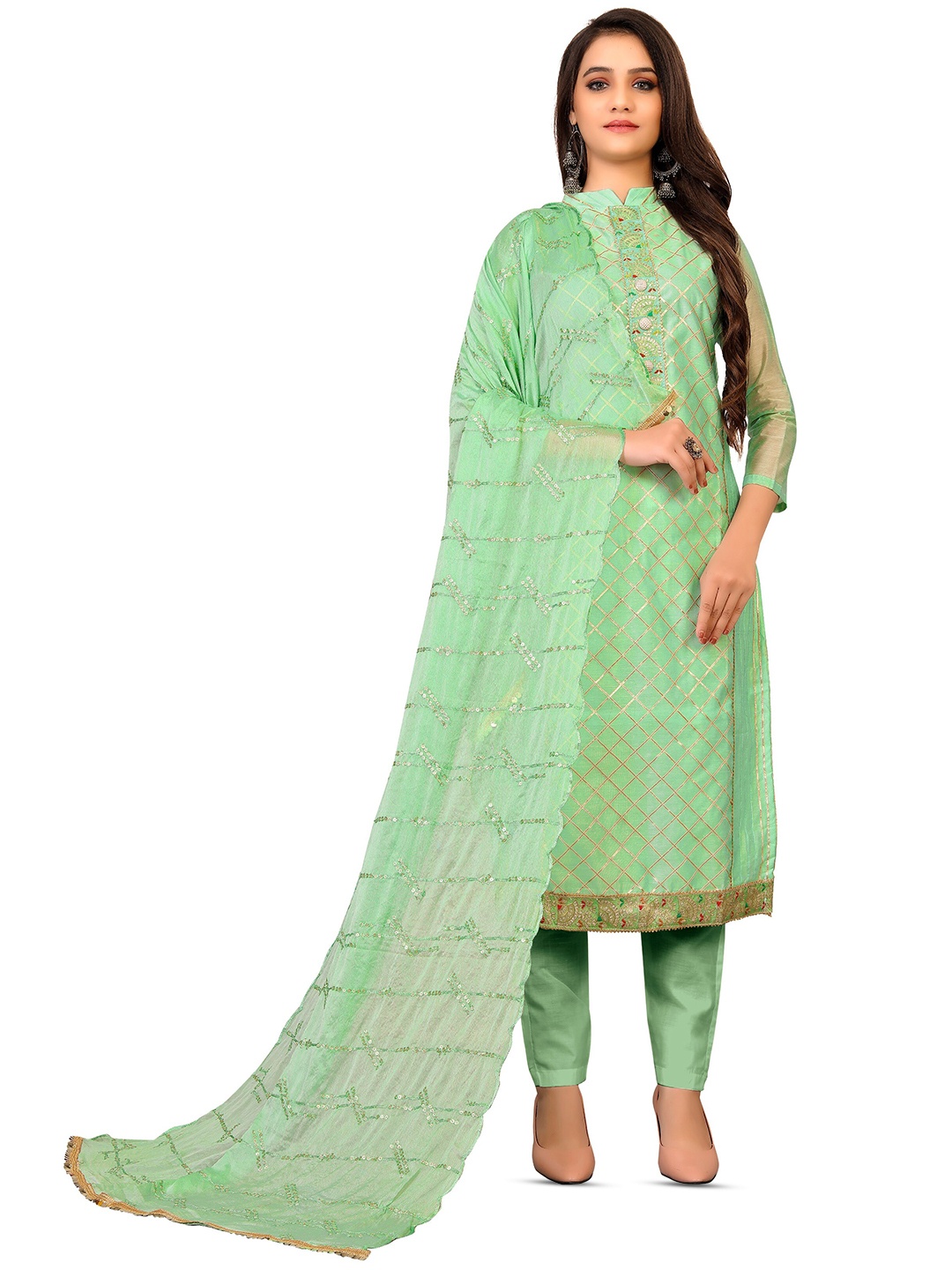 

MANVAA Geometric Embroidered Gotta Patti Unstitched Dress Material, Green