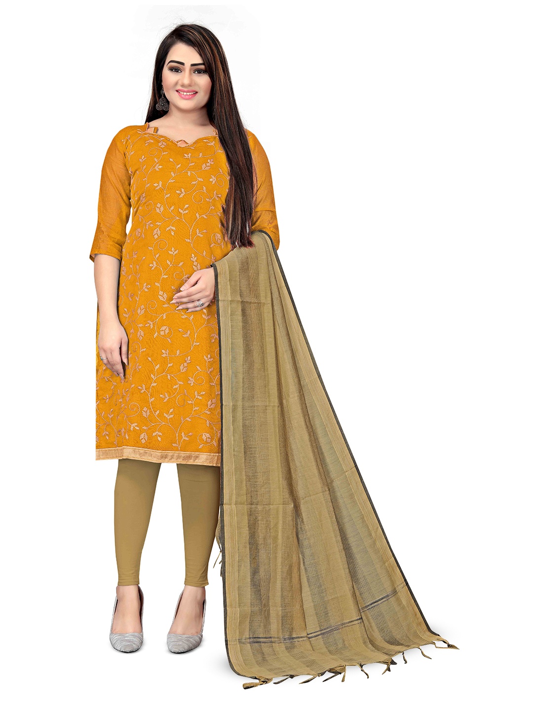 

MANVAA Floral Embroidered Chanderi Cotton Unstitched Dress Material, Yellow