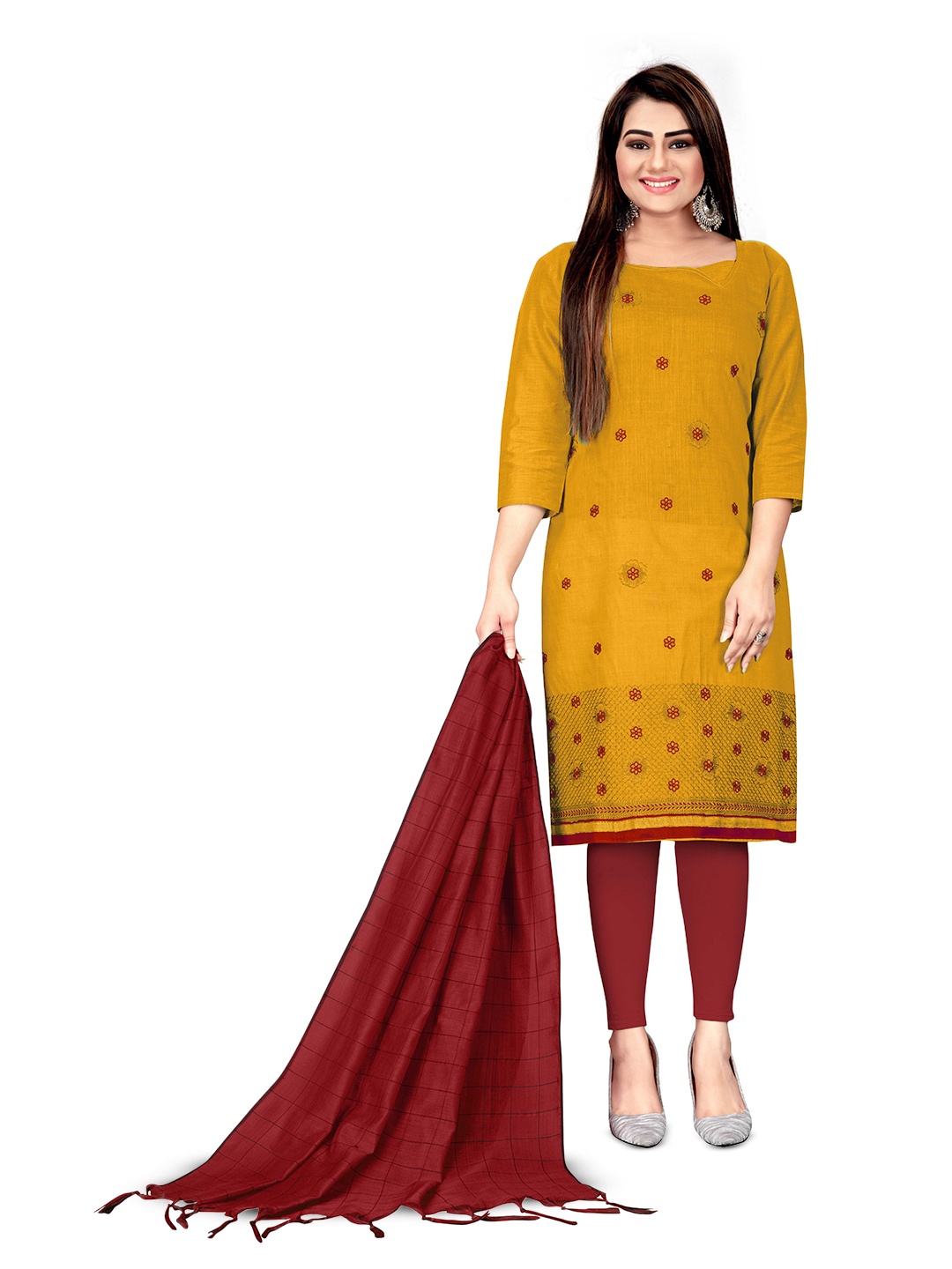 

MANVAA Floral Embroidered Banarasi Cotton Unstitched Dress Material, Yellow