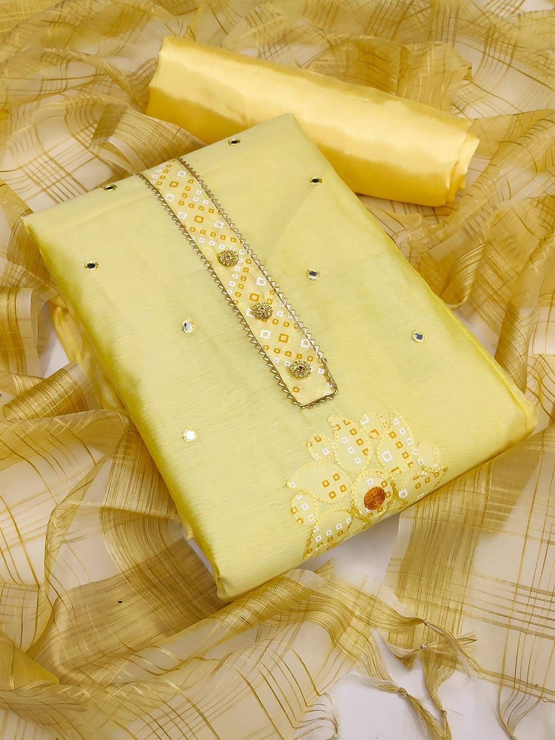 

MANVAA Floral Embroidered Unstitched Dress Material, Yellow