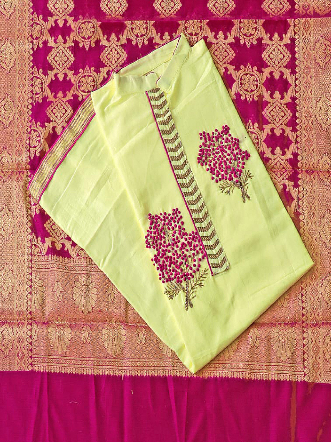 

MANVAA Floral Embellished Unstitched Dress Material, Yellow