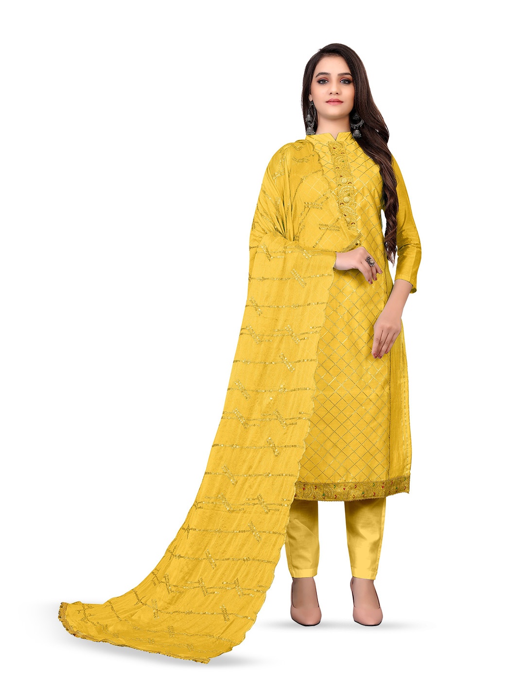 

MANVAA Checked Gotta Patti Unstitched Dress Material, Yellow