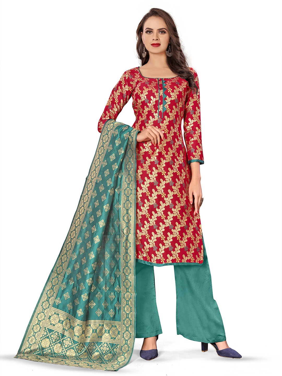 

MANVAA Woven Design Unstitched Dress Material, Red