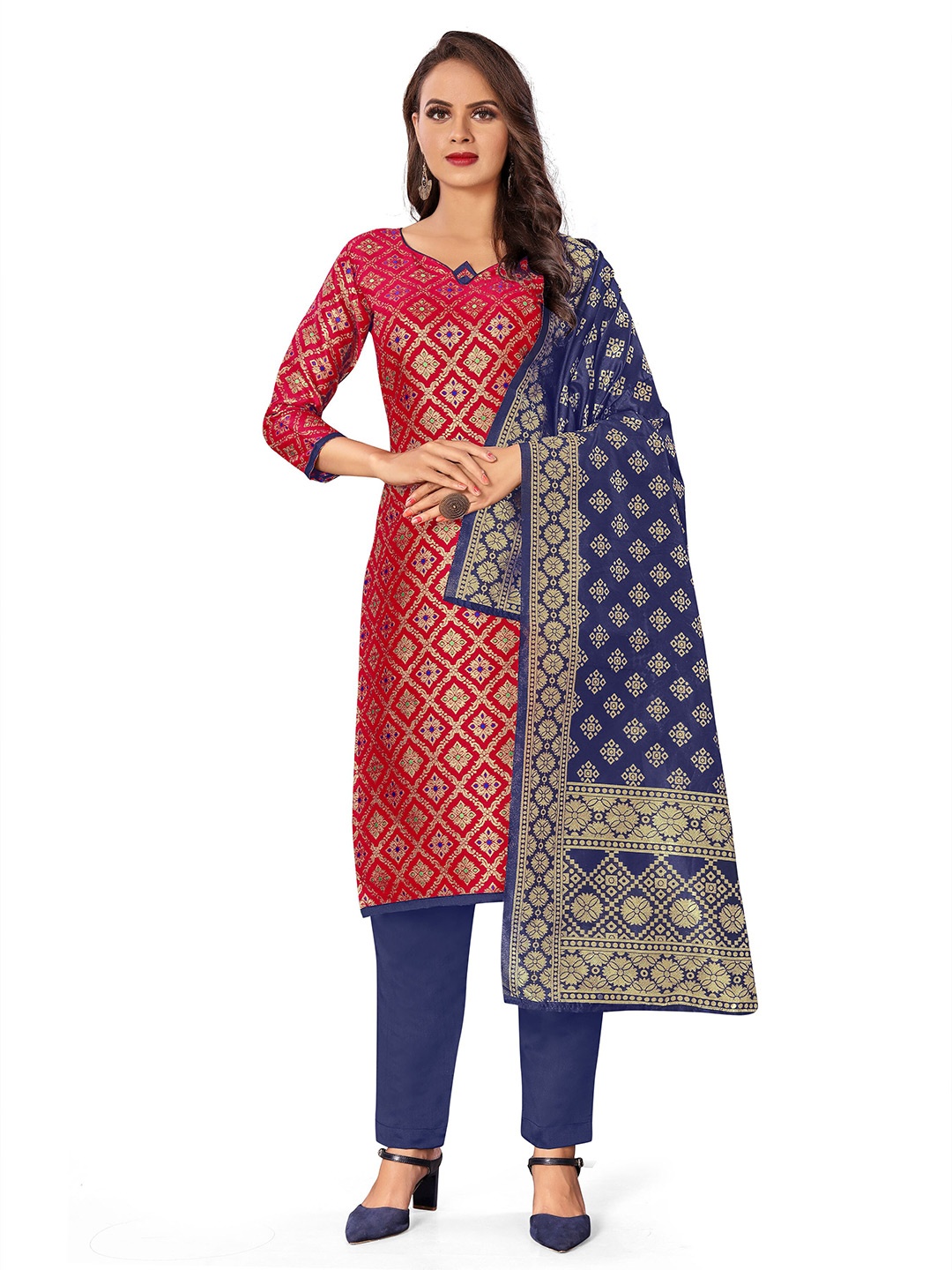 

MANVAA Woven Design Zari Unstitched Dress Material, Red