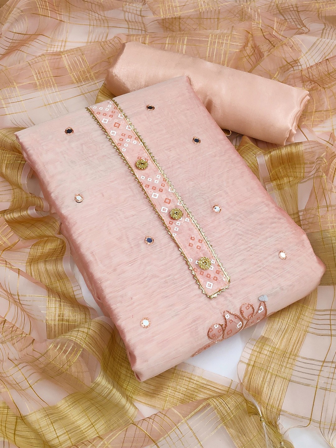 

MANVAA Embroidered Mirror Work Unstitched Dress Material, Peach