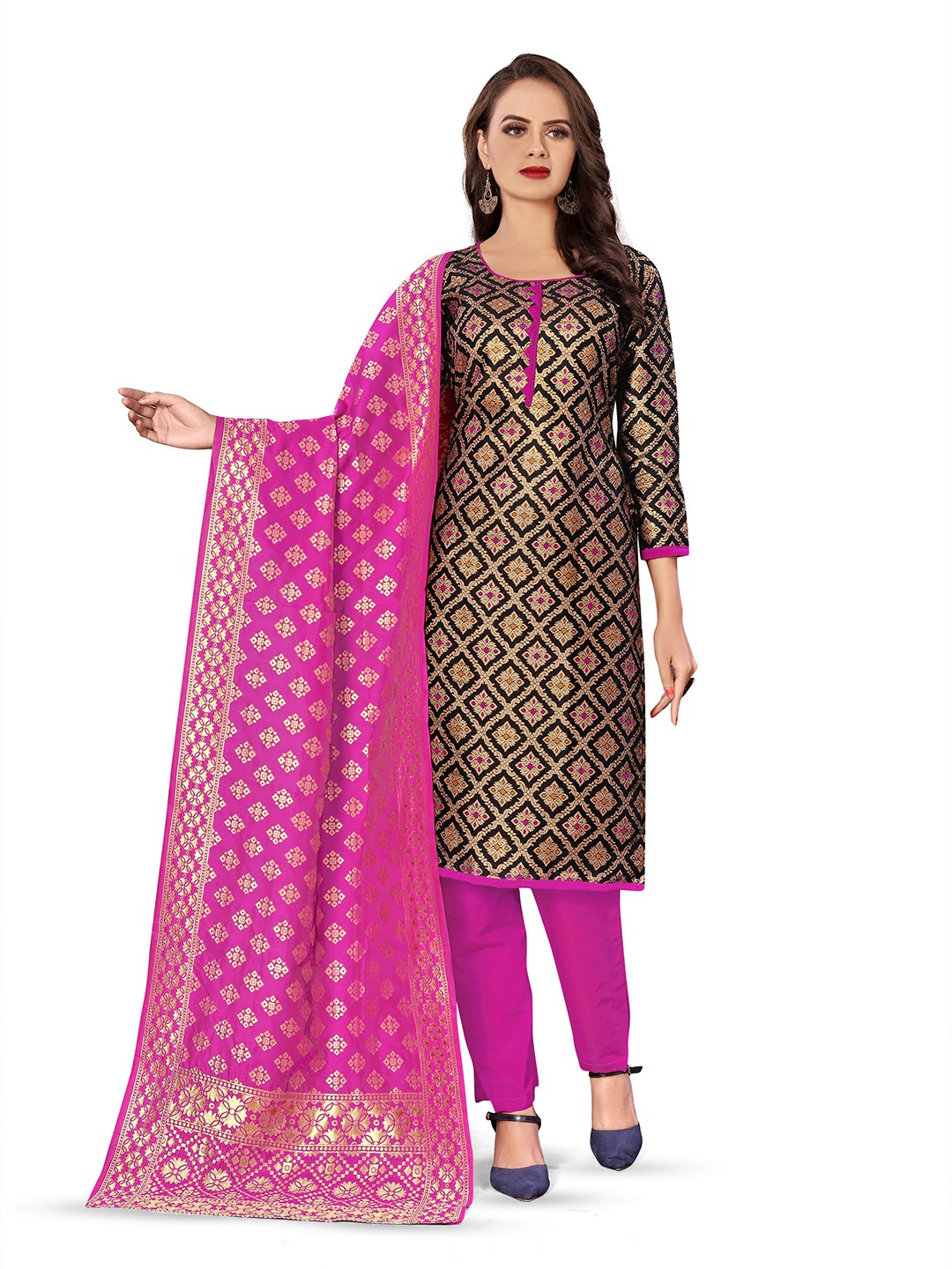 

MANVAA Woven Design Unstitched Dress Material, Black