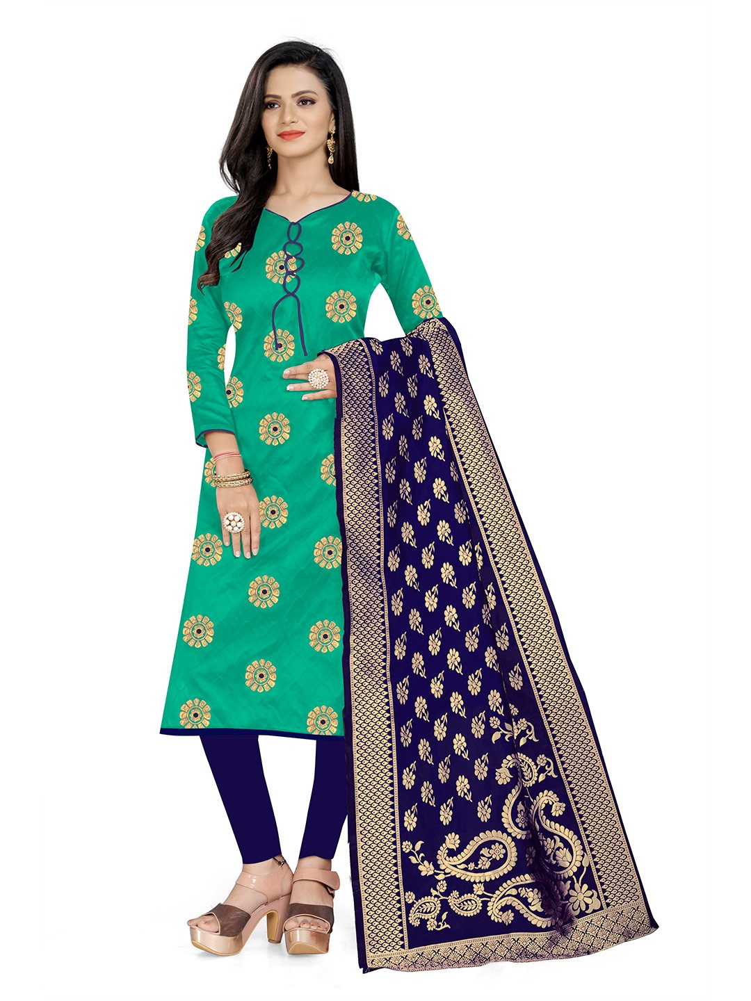 

MANVAA Flral Embroidered Banarasi Unstitched Dress Material, Green