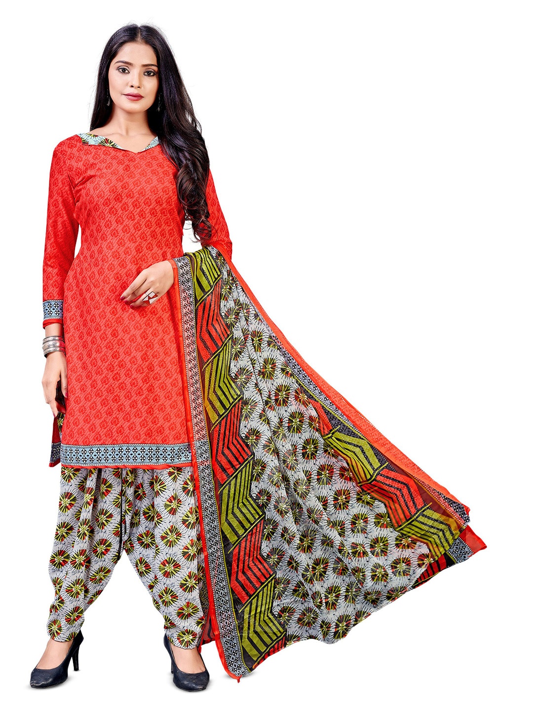 

MANVAA Eyhnic Motif Printed Unstitched Dress Material, Red