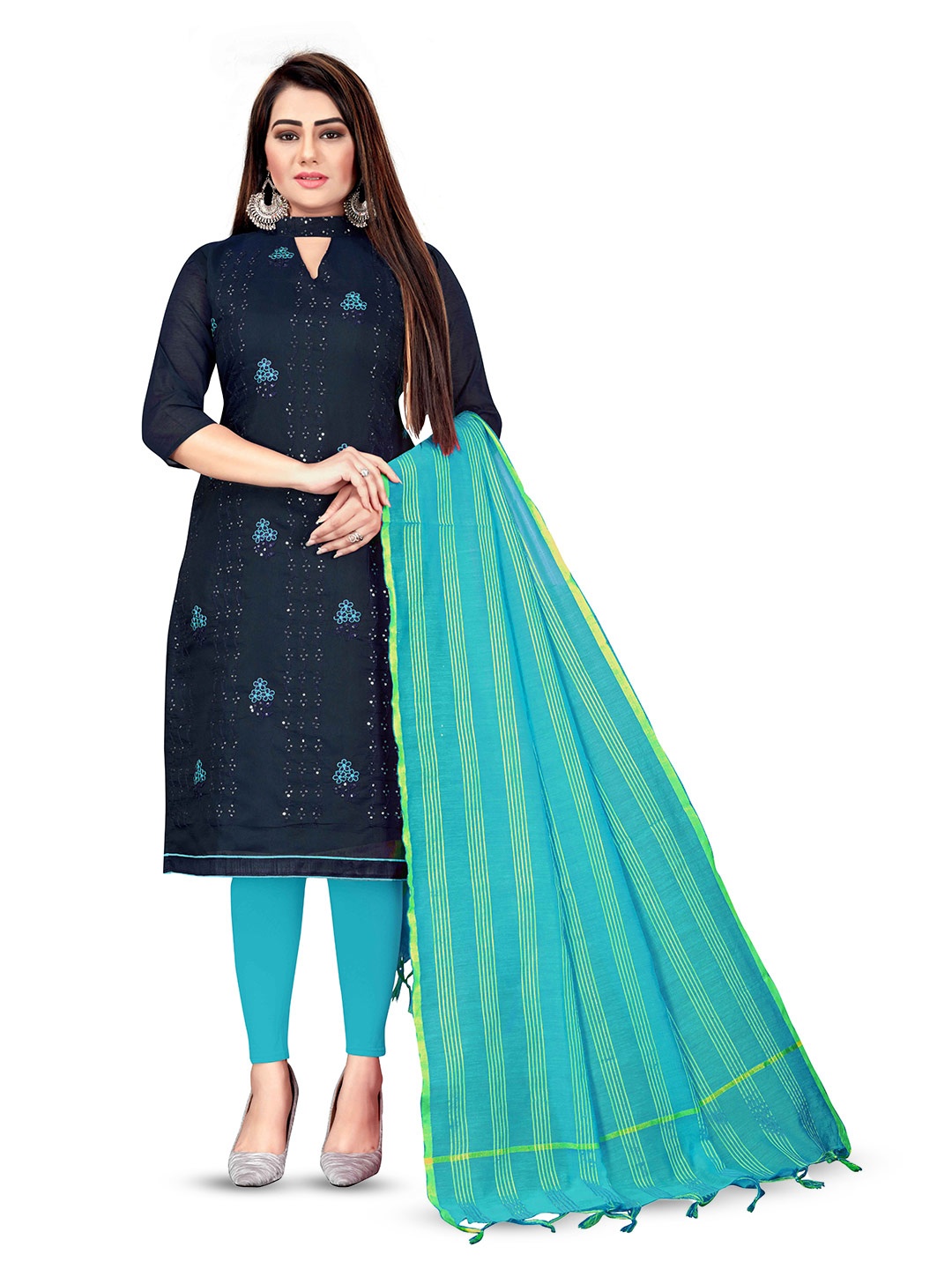 

MANVAA Ethnic Motifs woven Design Embroidered Unstitched Dress Material, Blue