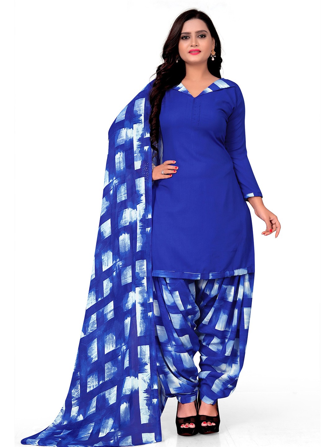 

MANVAA Printed Silk Crepe Unstitched Dress Material, Blue