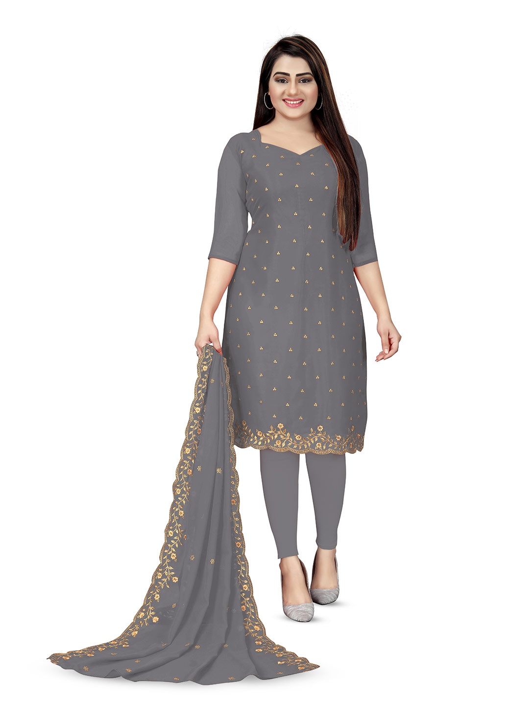 

MANVAA Beads & Stones Embroidered Unstitched Dress Material, Grey