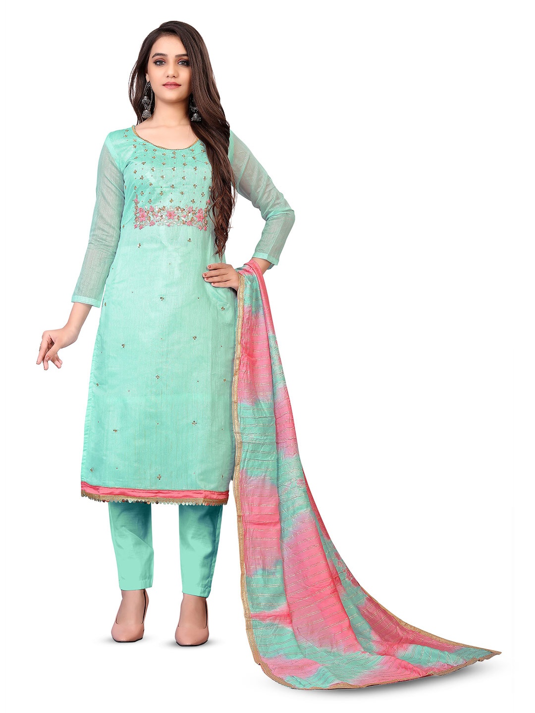 

MANVAA Sequinned Embellished Unstitched Dress Material, Sea green