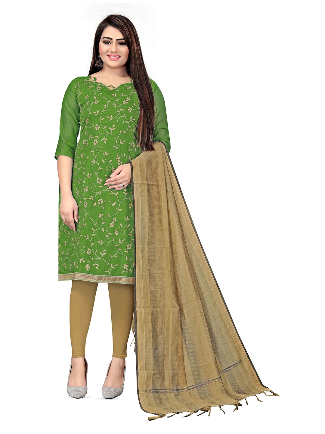 

MANVAA Floral Embroidered Zari Unstitched Dress Material, Green