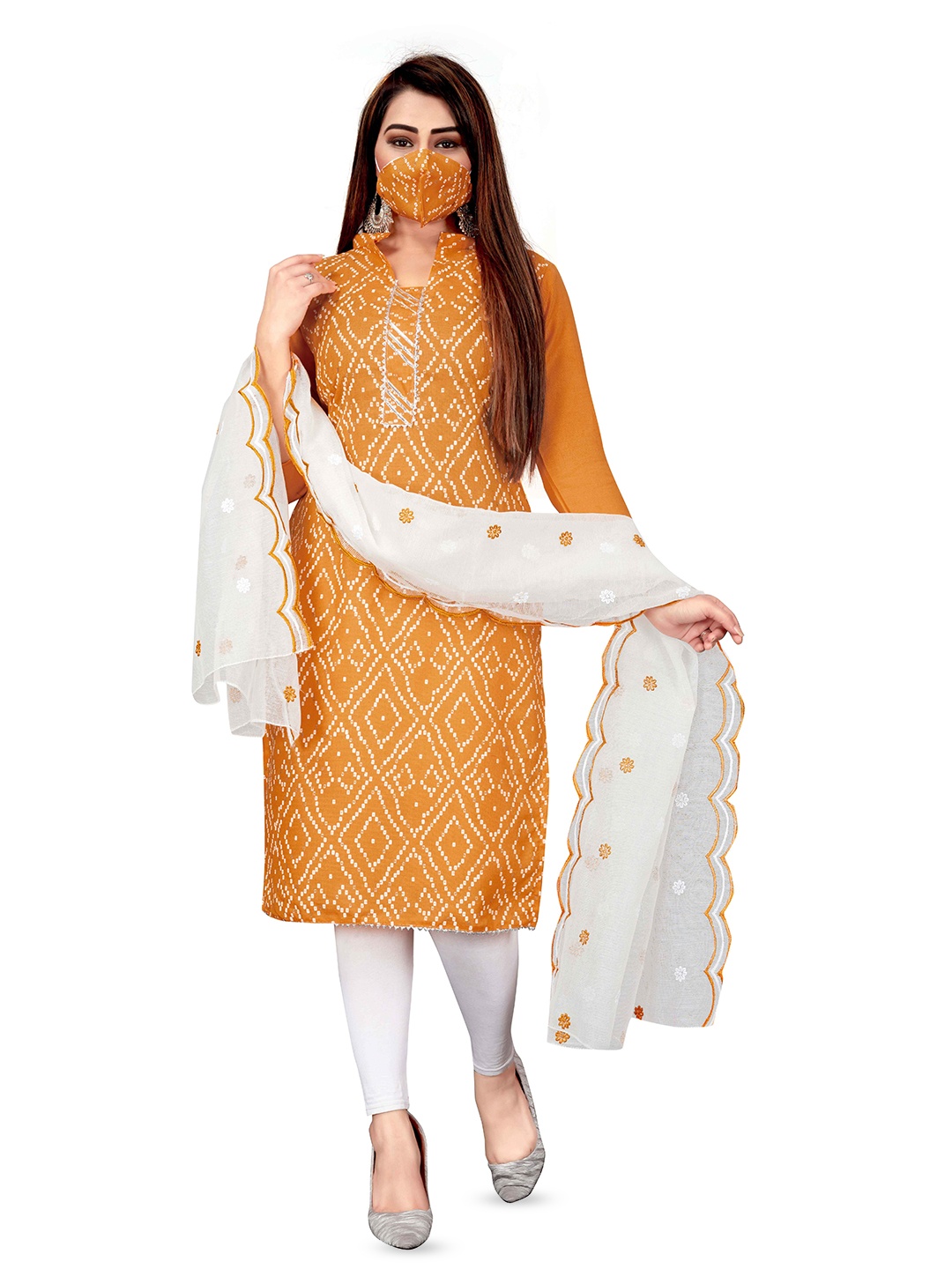 

MANVAA Bandhani Printed Gotta Patti Unstitched Dress Material, Orange