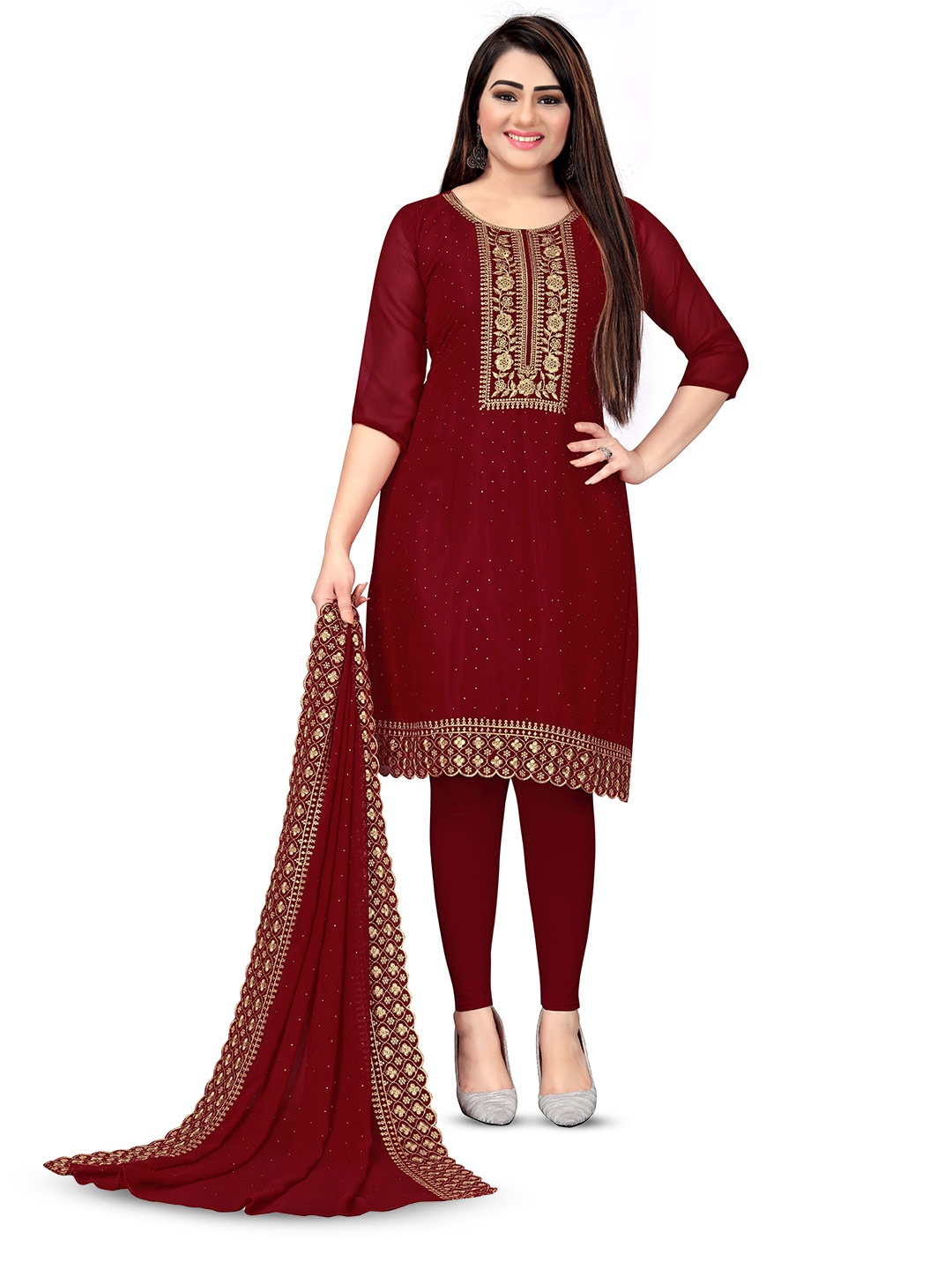 

MANVAA Ethnic Motifs Sequined Embroidered Silk Georgette Unstitched Dress Material, Red