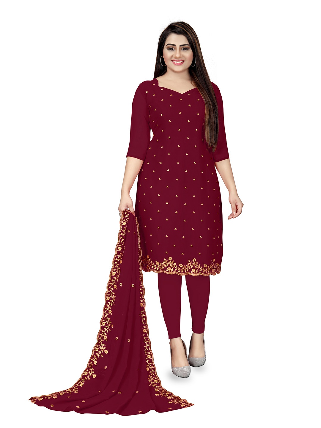 

MANVAA Floral Embroidered Beads & Stones Silk Georgette Unstitched Dress Material, Maroon