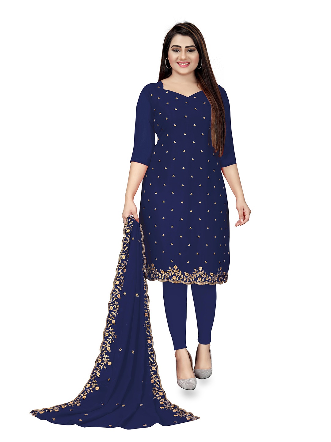 

MANVAA Floral Embroidered Beads & Stones Silk Georgette Unstitched Dress Material, Blue