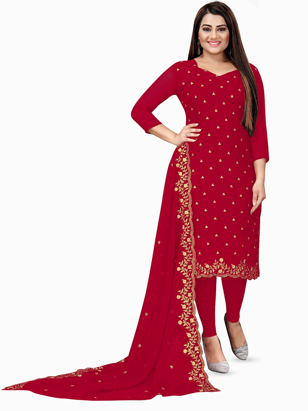 

MANVAA Embroidered Silk Georgette Unstitched Dress Material, Red