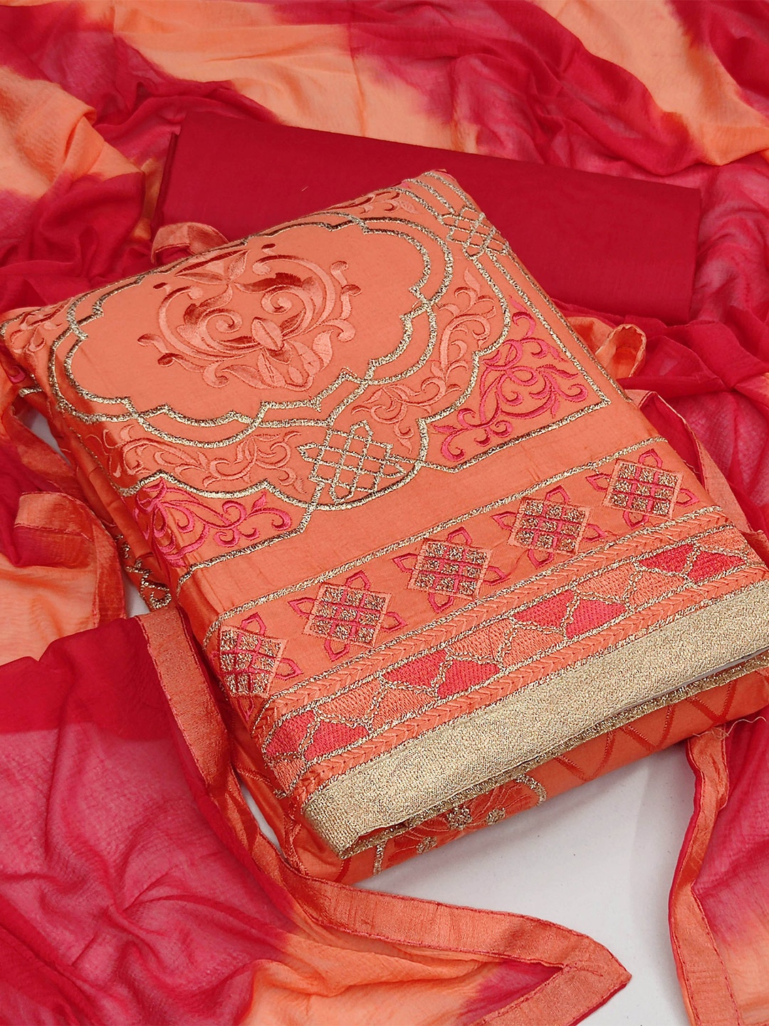 

MANVAA Embroidered Unstitched Dress Material, Peach