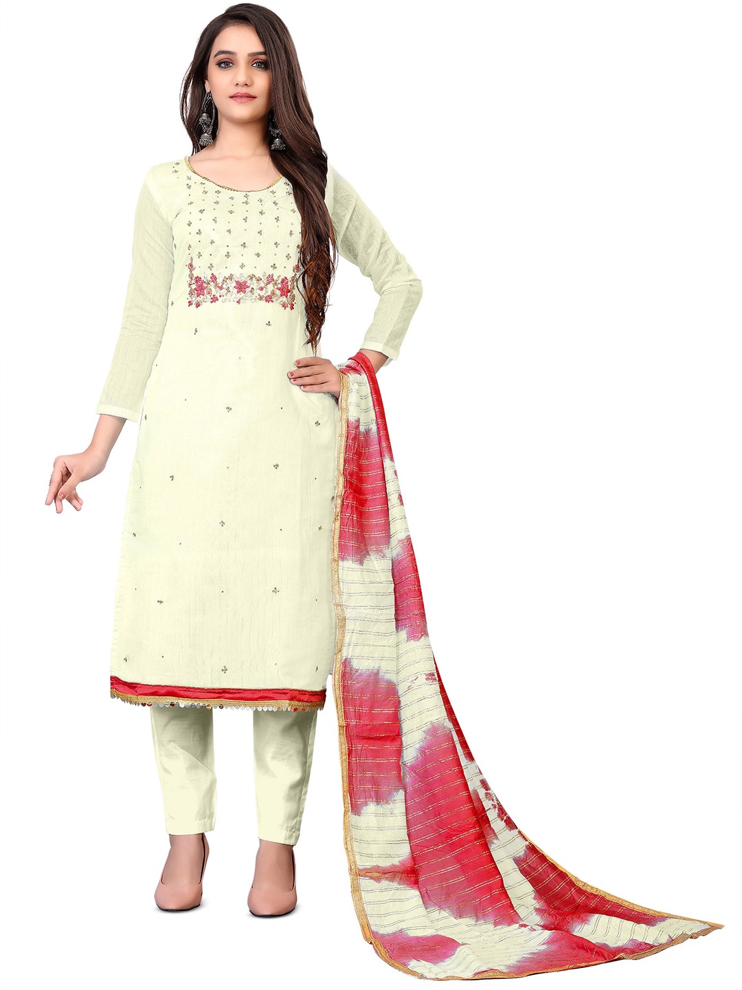 

MANVAA Embellished Unstitched Dress Material, White