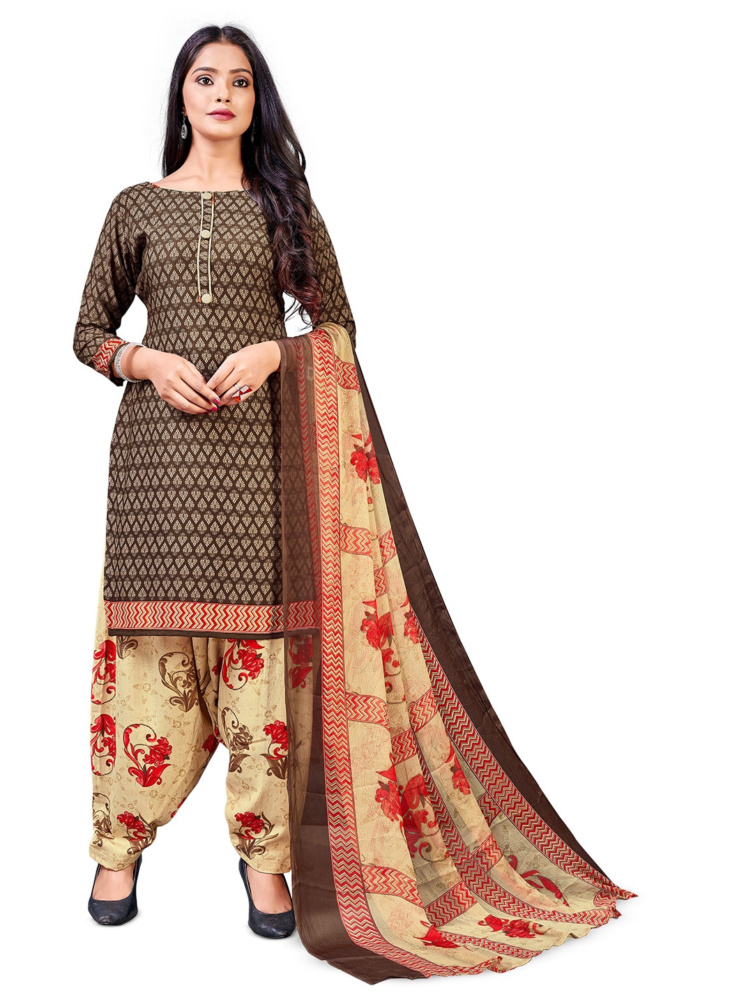 

MANVAA Ethnic Motifs Printed Unstitched Dress Material, Brown