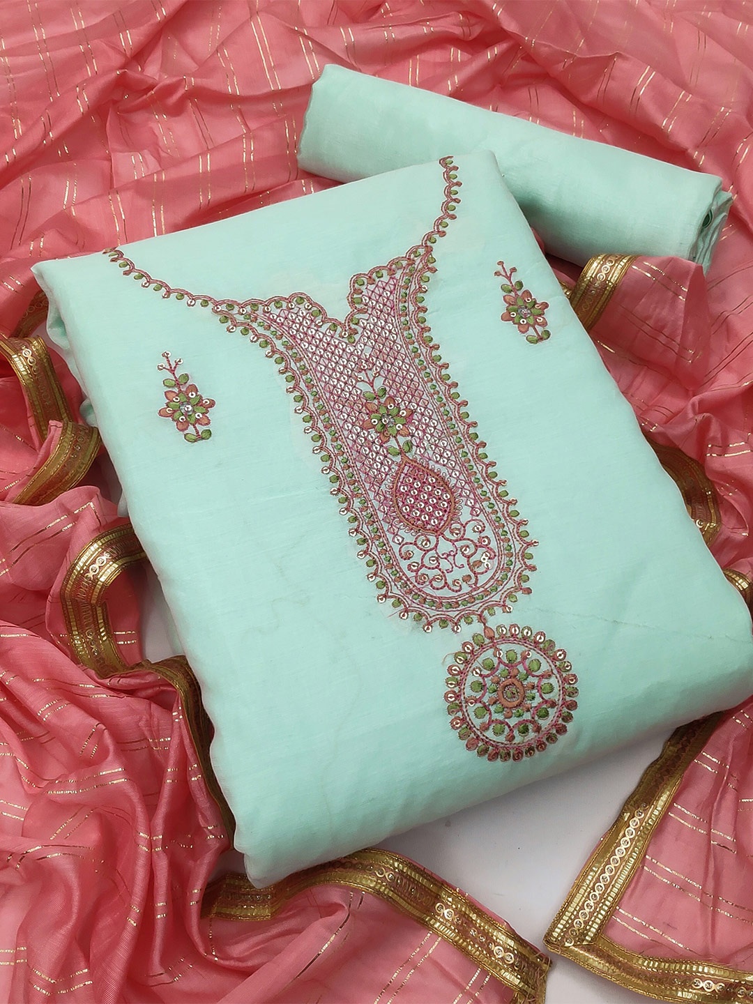 

MANVAA Ethnic Motifs Embroidered Unstitched Dress Material, Blue