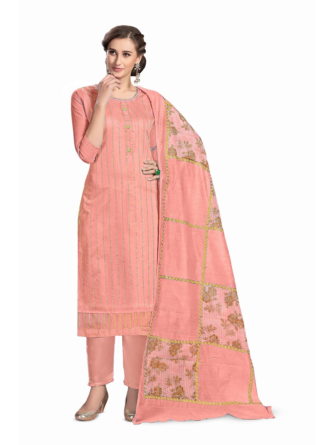 

MANVAA Embellished Unstitched Dress Material, Pink