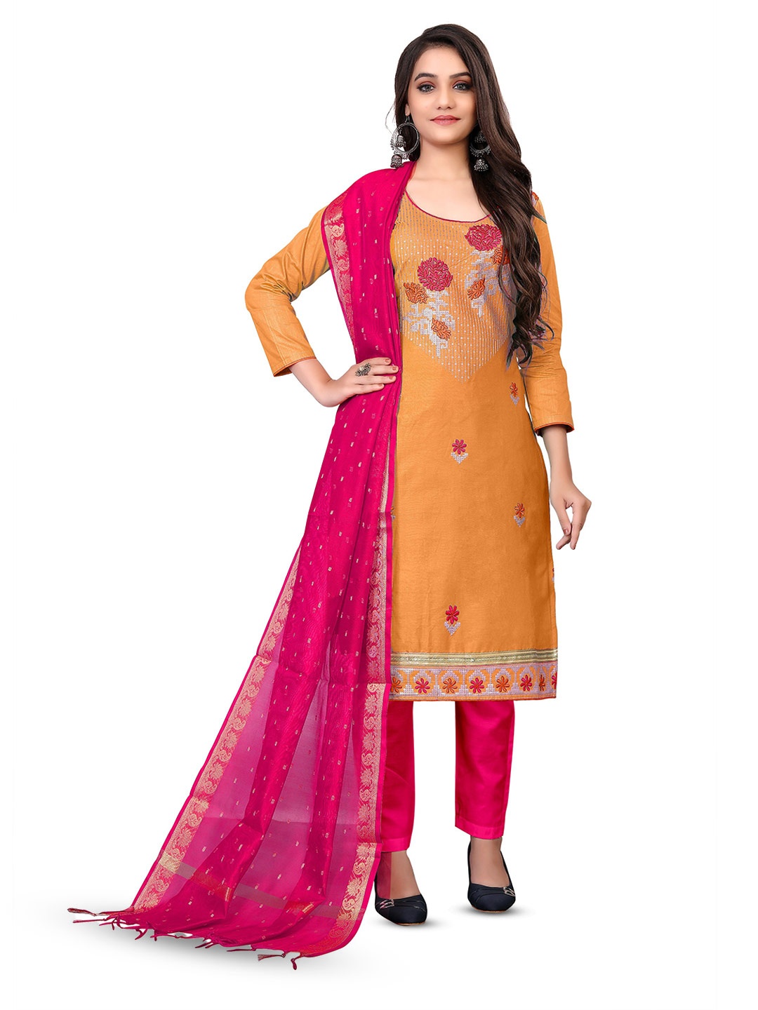 

MANVAA Floral Embroidered Sequinned Unstitched Dress Material, Orange